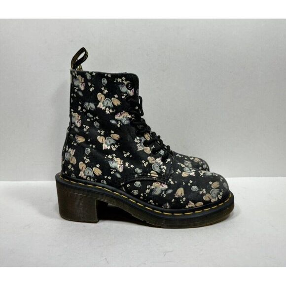 Doc Dr. Martens Lynn Womens Sz 6 Floral Fabric Canvas Heeled Combat Ankle Boots - Picture 1 of 8